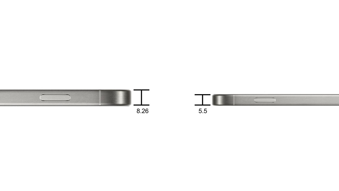 Apple rumored to launch thinnest iPhone ever in 2025 2 The iPhone 16 Pro (left) and the rumored thickness of the iPhone 17 Air (right).