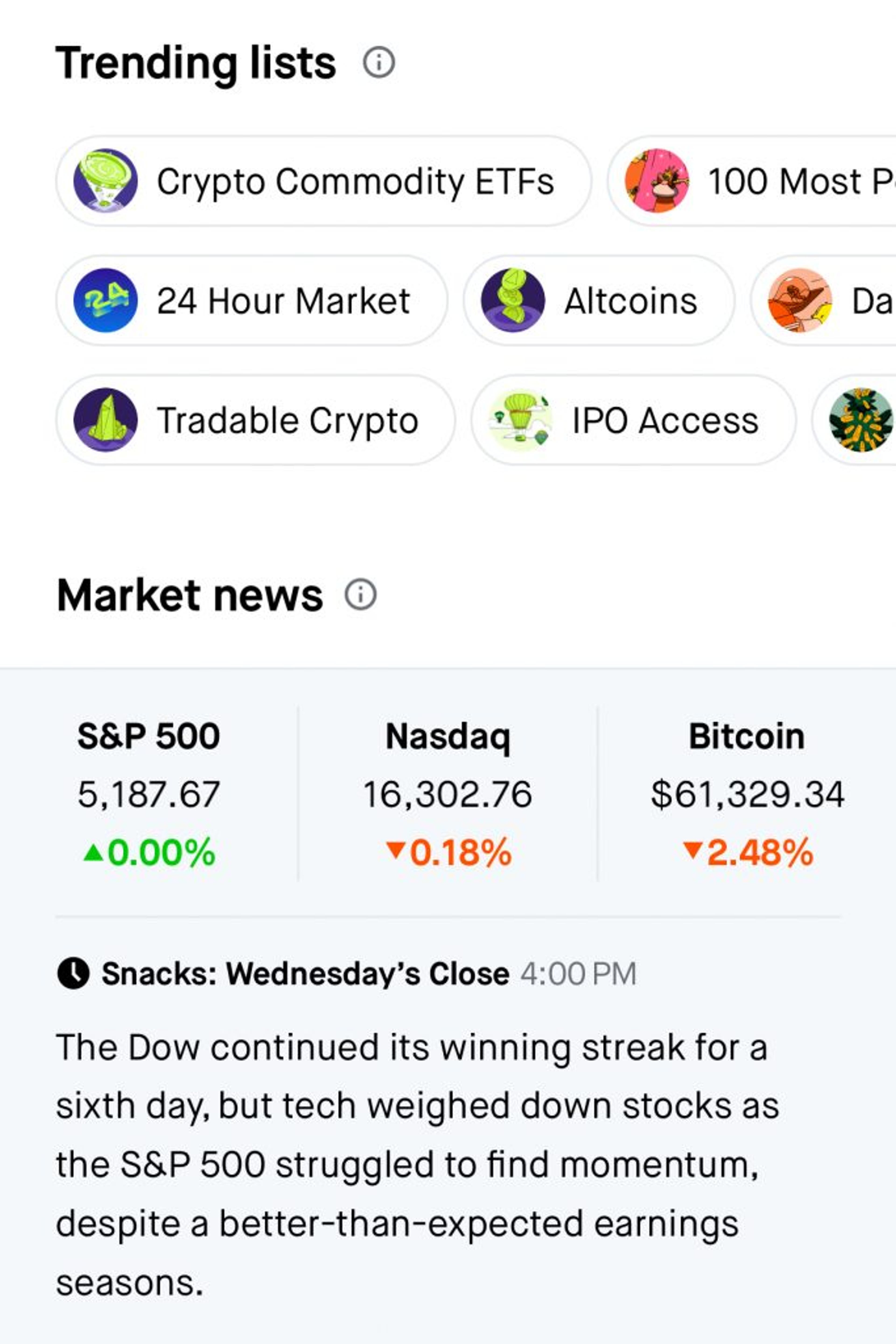 Robinhood trending lists and news