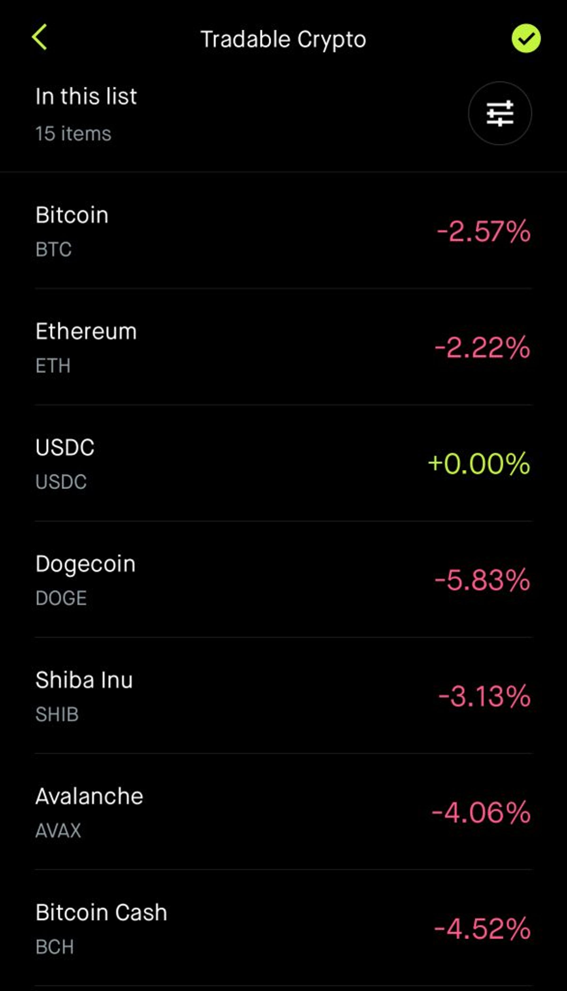 Robinhood crypto offerings price list