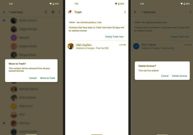google contacts trash android